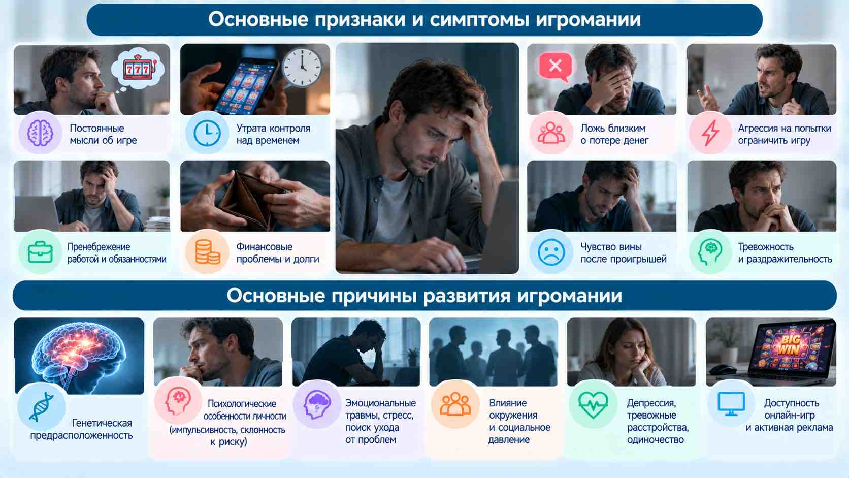 Инфографика об игромании: навязчивые мысли об азартных играх, потеря контроля, финансовые проблемы, тревожность и основные причины развития игровой зависимости.