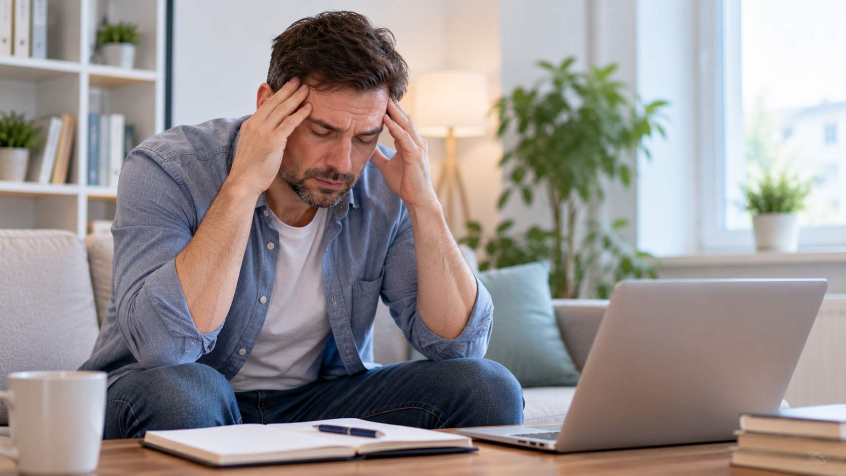 Мужчина сидит перед ноутбуком дома, держится за виски из-за головной боли и переутомления — возможных симптомов неврастении.