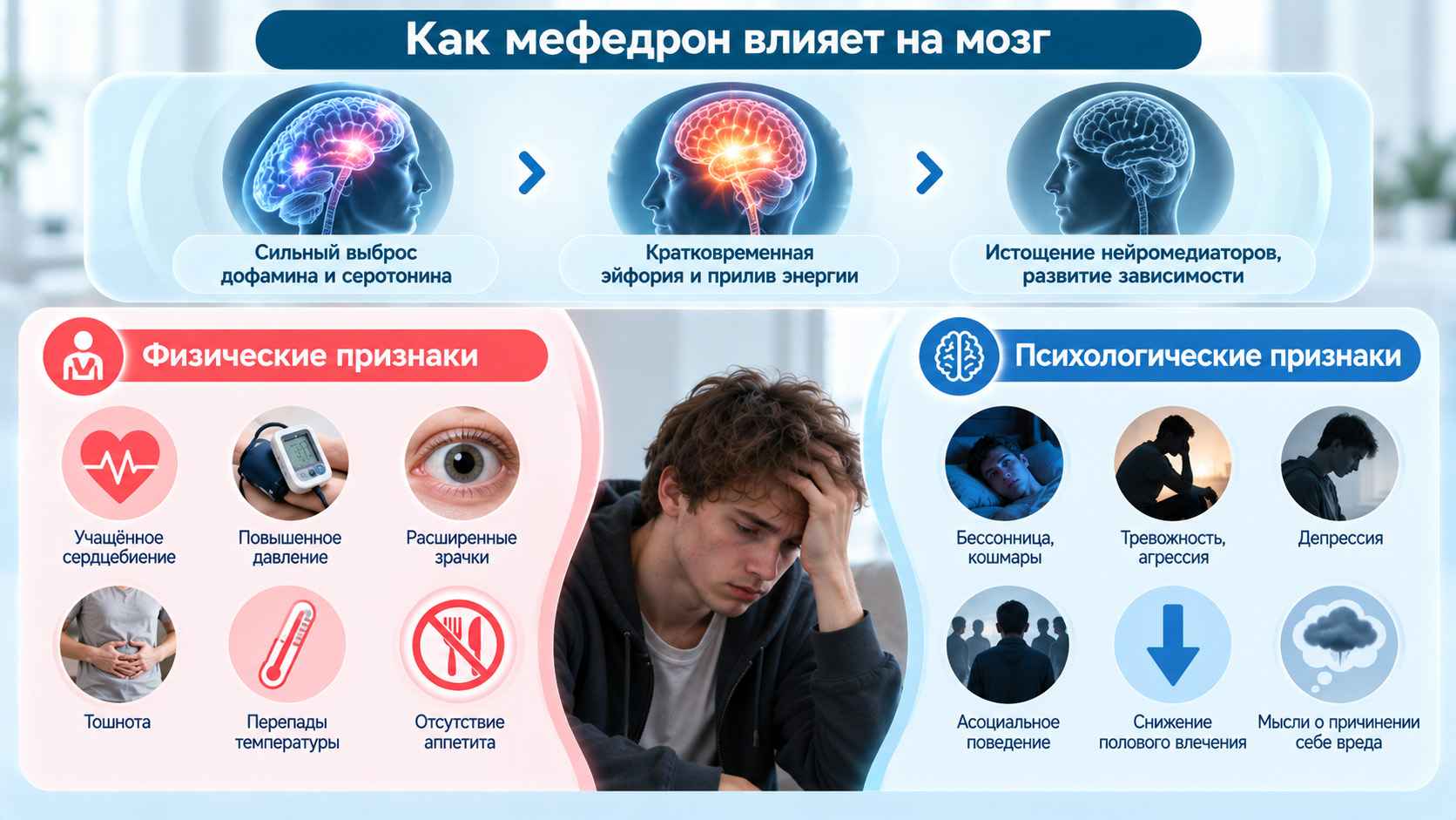 Инфографика о влиянии мефедрона на мозг, физических и психологических признаках зависимости.