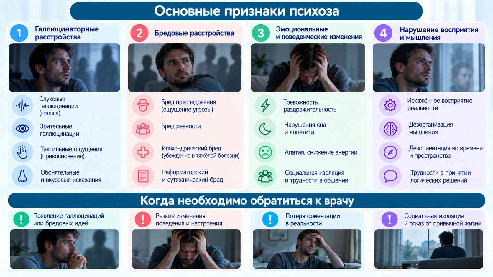 Инфографика об основных признаках психоза: слуховые и зрительные галлюцинации, бредовые идеи, нарушения мышления, эмоциональные изменения и дезориентация.