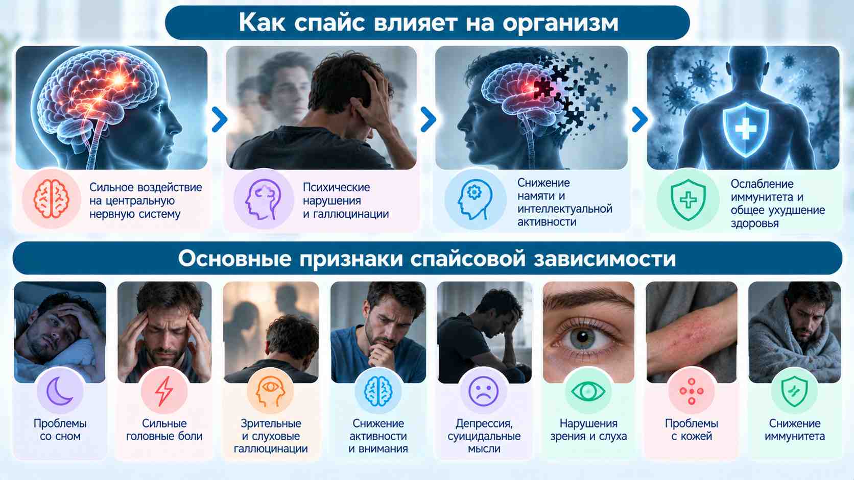 Инфографика о признаках спайсовой зависимости: нарушения сна, головные боли, ухудшение памяти, психологические расстройства и снижение иммунитета.